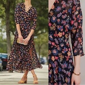 Anthropologie HD in Paris Varina Dress Black Floral Maxi Sheer Dress Size 0